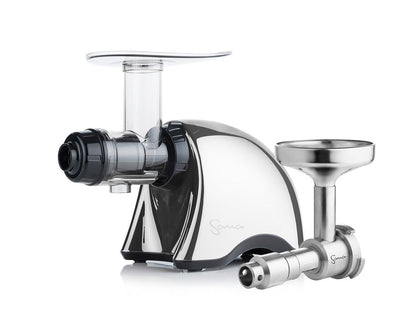 Sana 707 Chrom-Slow-Juicer, montiert und nach links zeigend, neben der Sana 702 Ölpresse als Option.